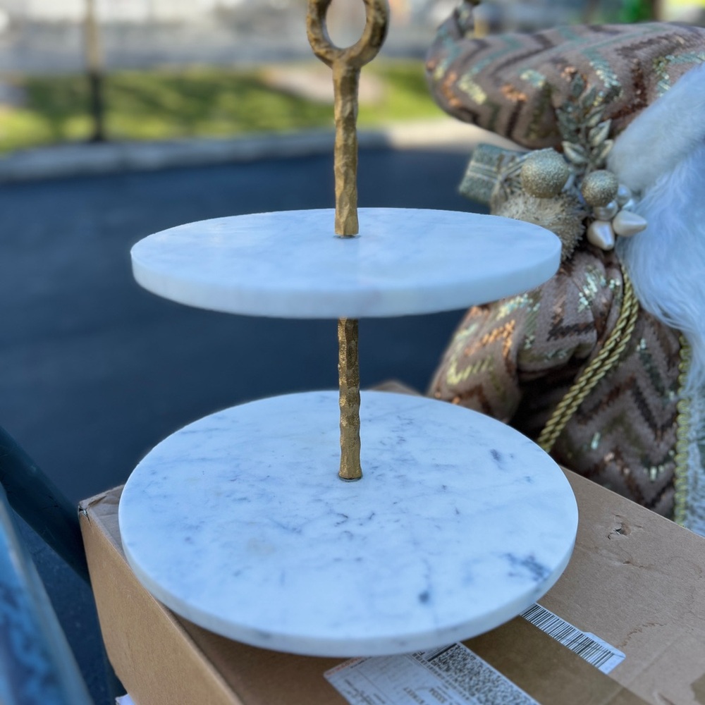 Two-Tier White Marble and Gold Stand